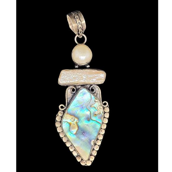 Boho Luxe Vintage 925 Silver Abalone Mother-of-Pearl Pendant Necklace Statement - Picture 1 of 10